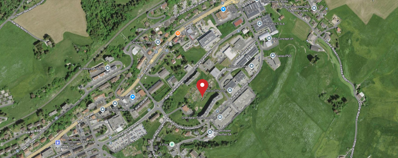 Carte indiquant l'emplacement des Jardins Coopératifs du Locle